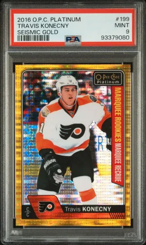 2016-17 O-Pee-Chee-Platinum Seismic Gold Marquee Rookies Travis Konecny #199 17/50 PSA 9 front